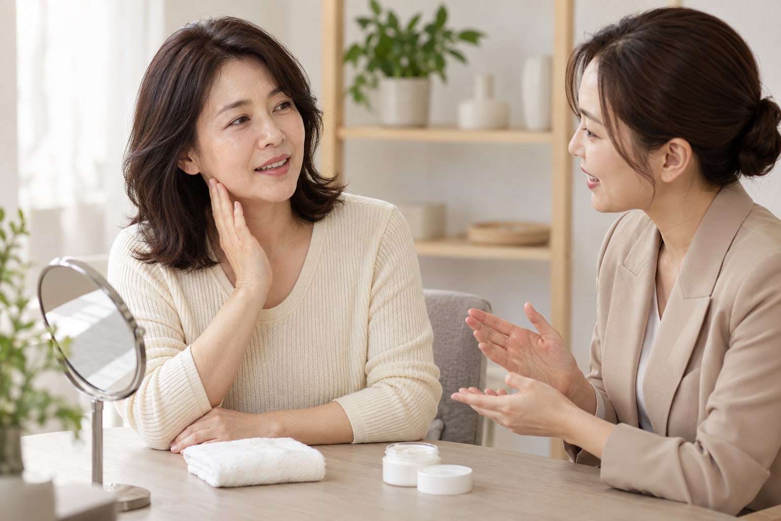 상담 자리에서 이야기를 나누는 두 사람을 표현한 AI 생성 이미지