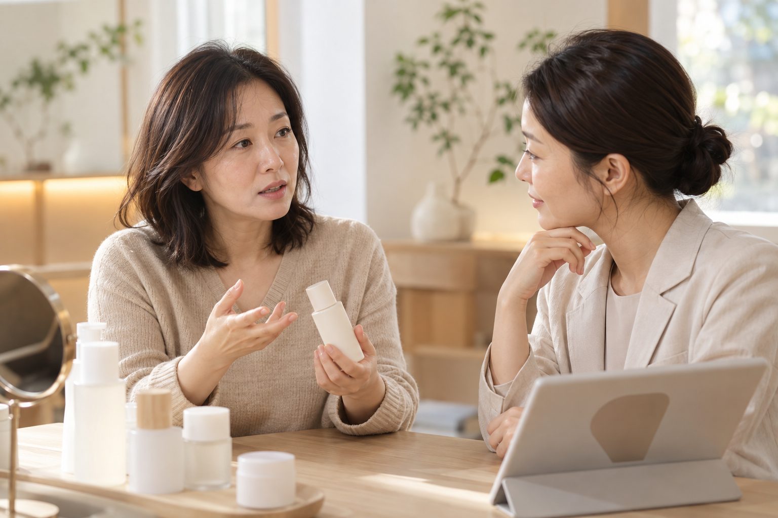 상담 자리에서 제품을 들고 이야기를 나누는 두 사람을 표현한 AI 생성 이미지