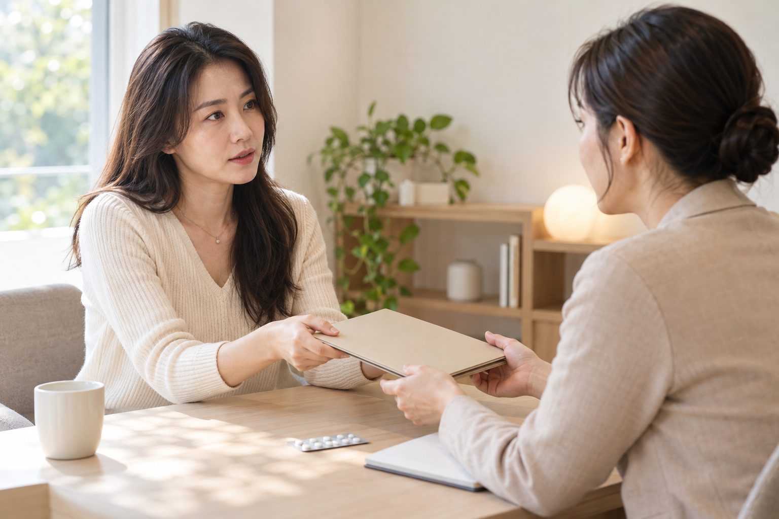 상담 자리에서 서류를 건네며 이야기를 나누는 두 사람을 표현한 AI 생성 이미지